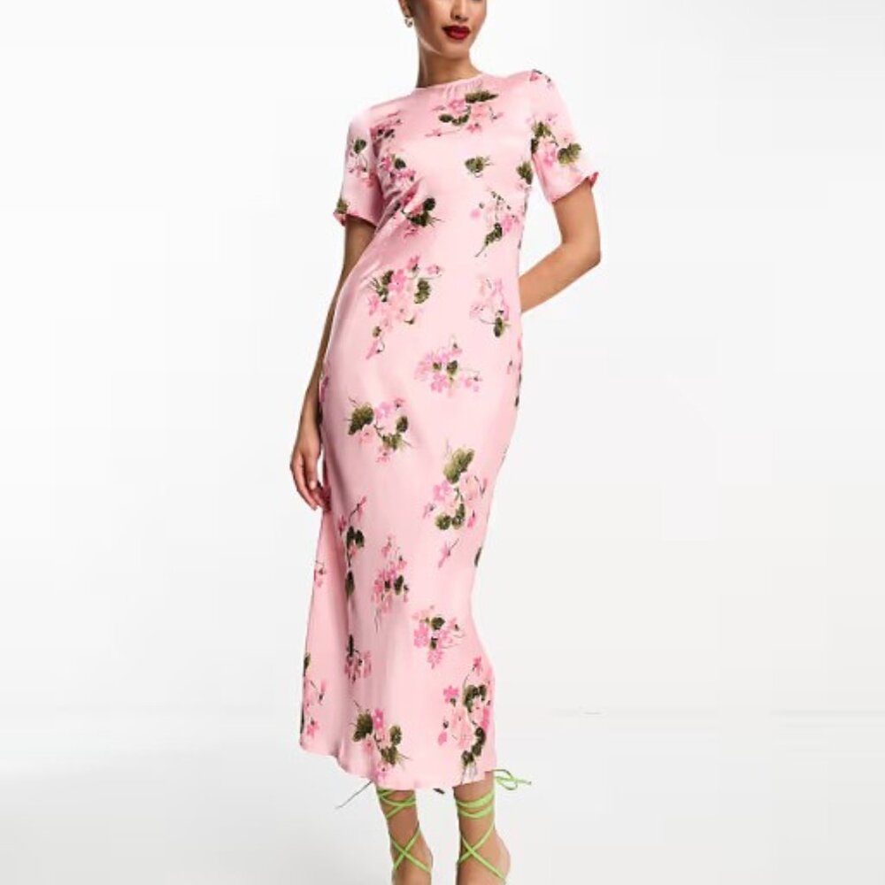 New ASOS DESIGN Satin Lace up Back Detail in spaced Rose Floral Midi Dress P6833